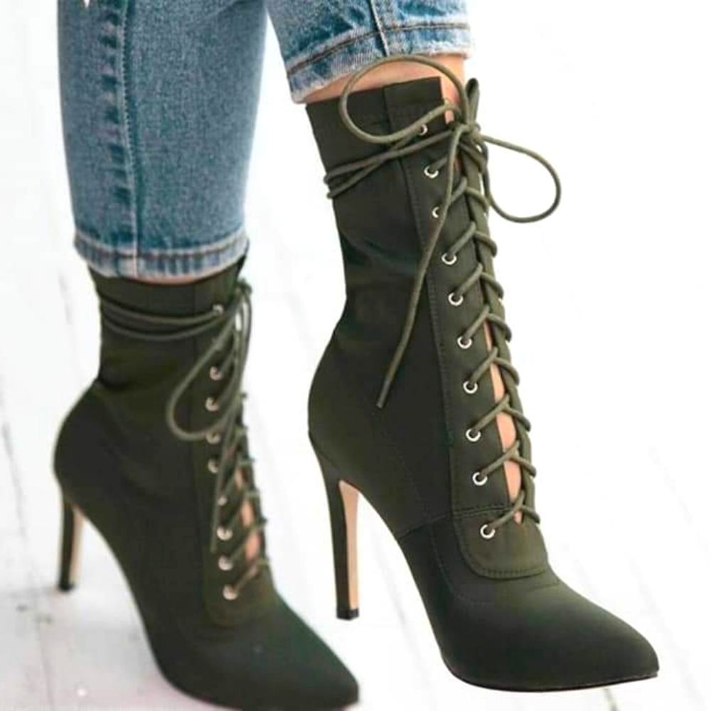 Olive Green Lace Up Booties